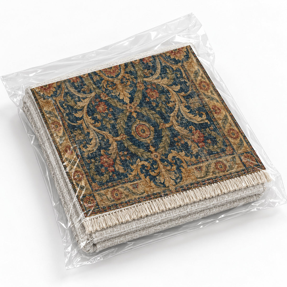 Laurel Balcony Indigo & Rust washable rug rolled and packaged