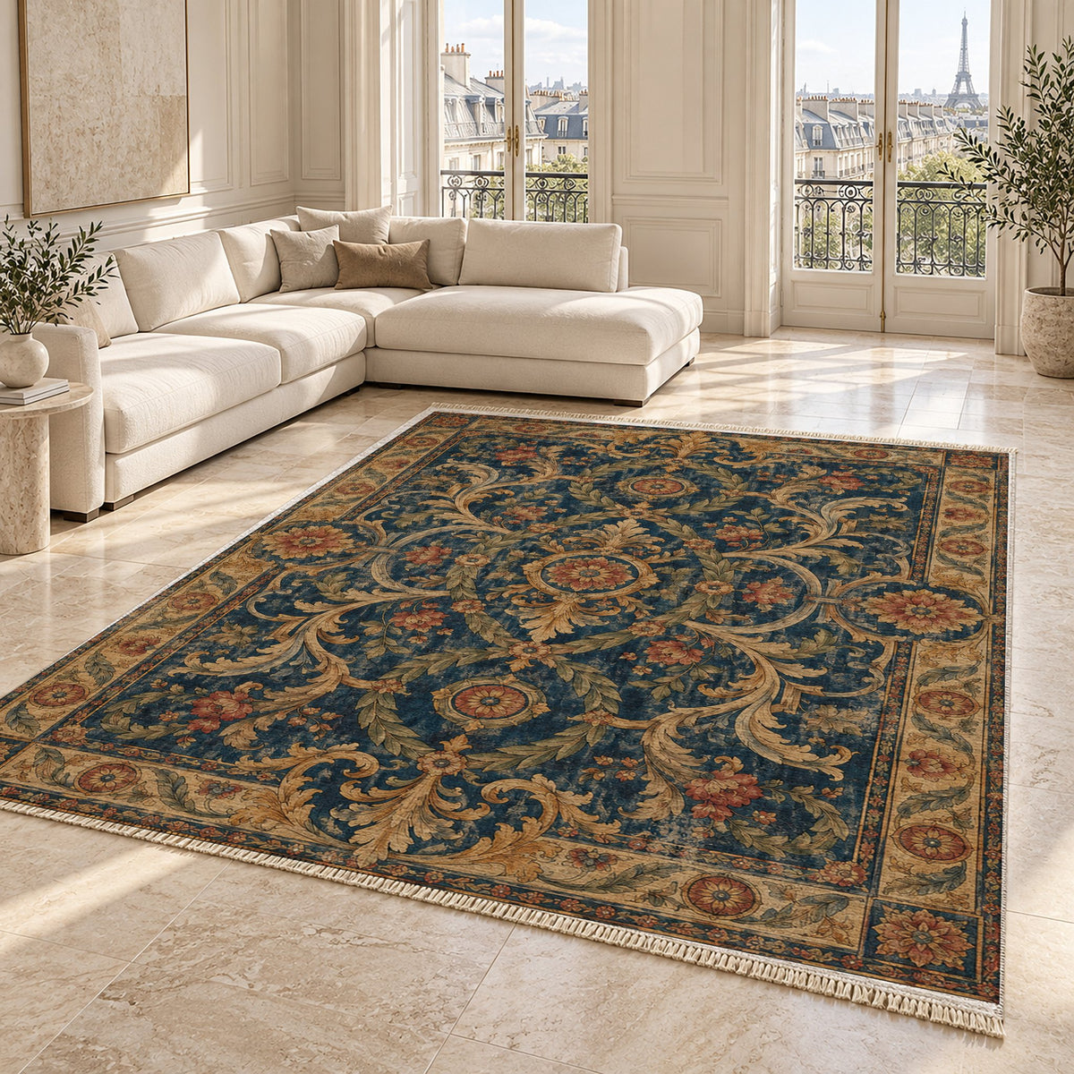 Laurel Balcony Indigo & Rust washable rug angled room view on marble