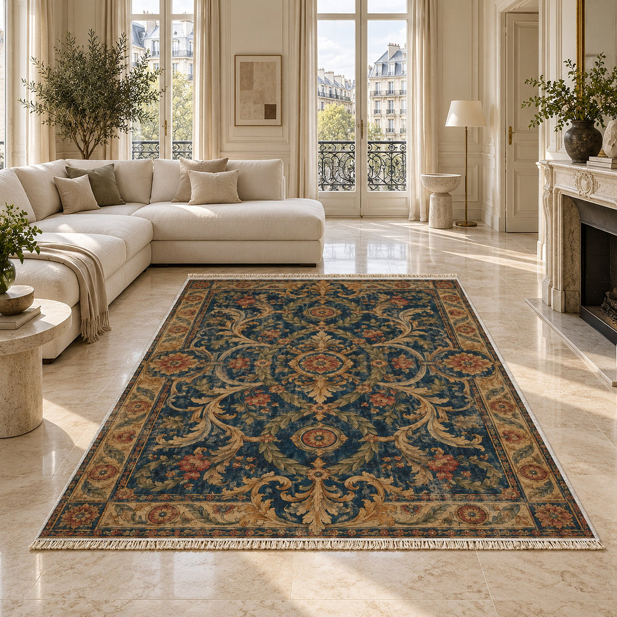 Laurel Balcony Indigo & Rust washable rug on a marble floor