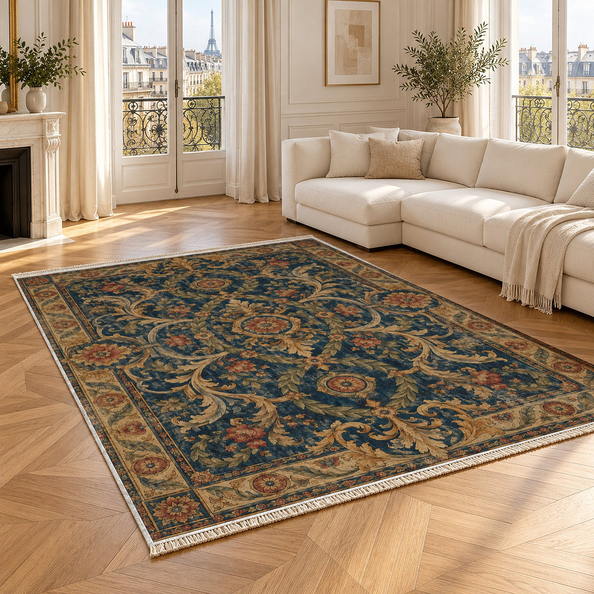 Laurel Balcony Indigo & Rust washable rug angled room view