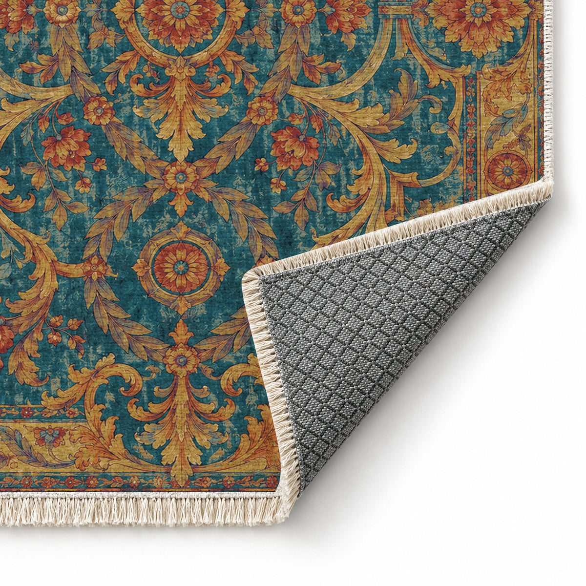 Laurel Balcony Peacock & Ochre washable rug folded corner showing the backing