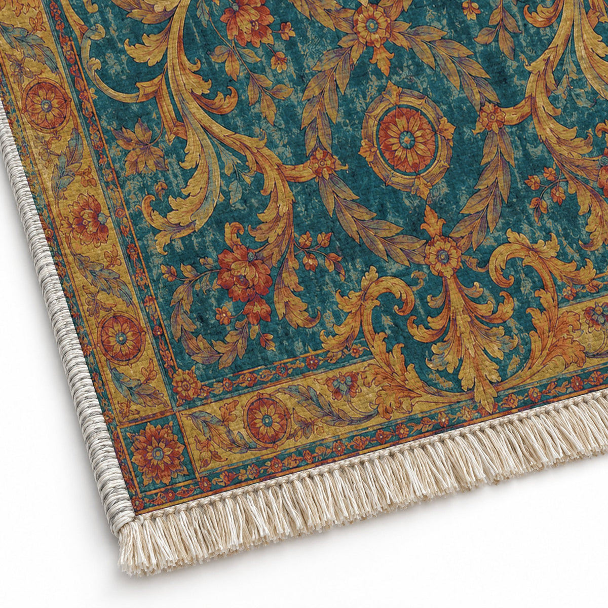 Laurel Balcony Peacock & Ochre washable rug close-up of the printed chenille