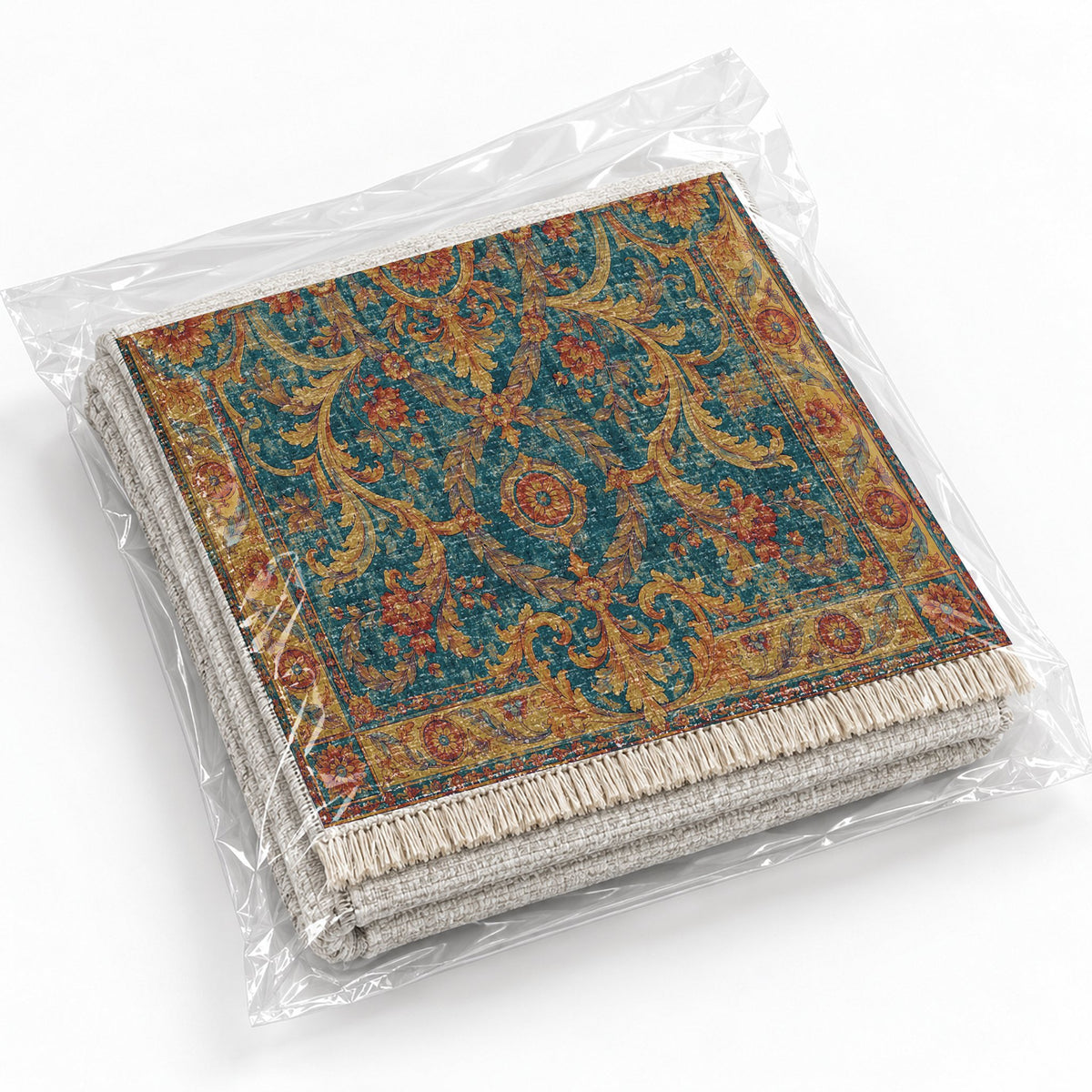 Laurel Balcony Peacock & Ochre washable rug rolled and packaged