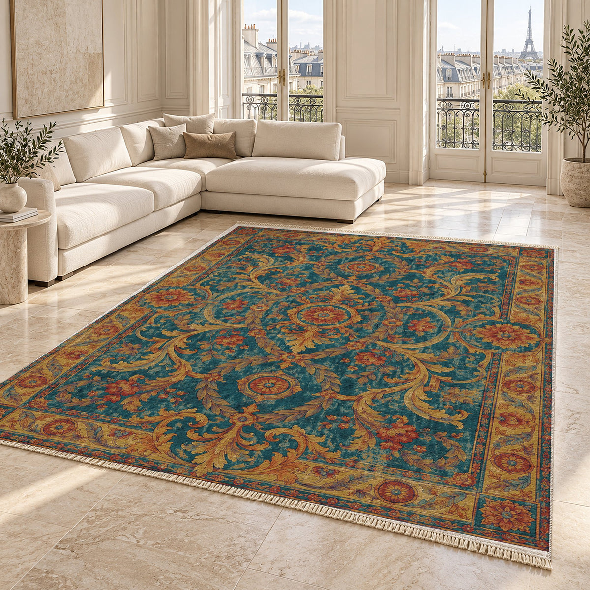 Laurel Balcony Peacock & Ochre washable rug angled room view on marble