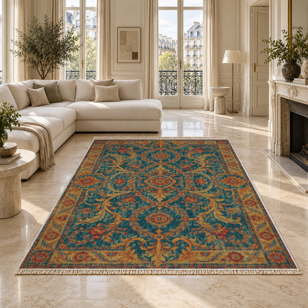 Laurel Balcony Peacock & Ochre washable rug on a marble floor