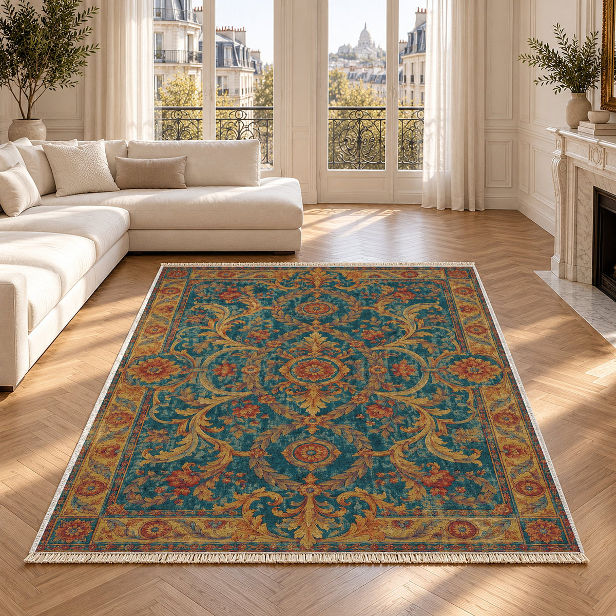 Laurel Balcony Peacock & Ochre washable rug in a Paris living room