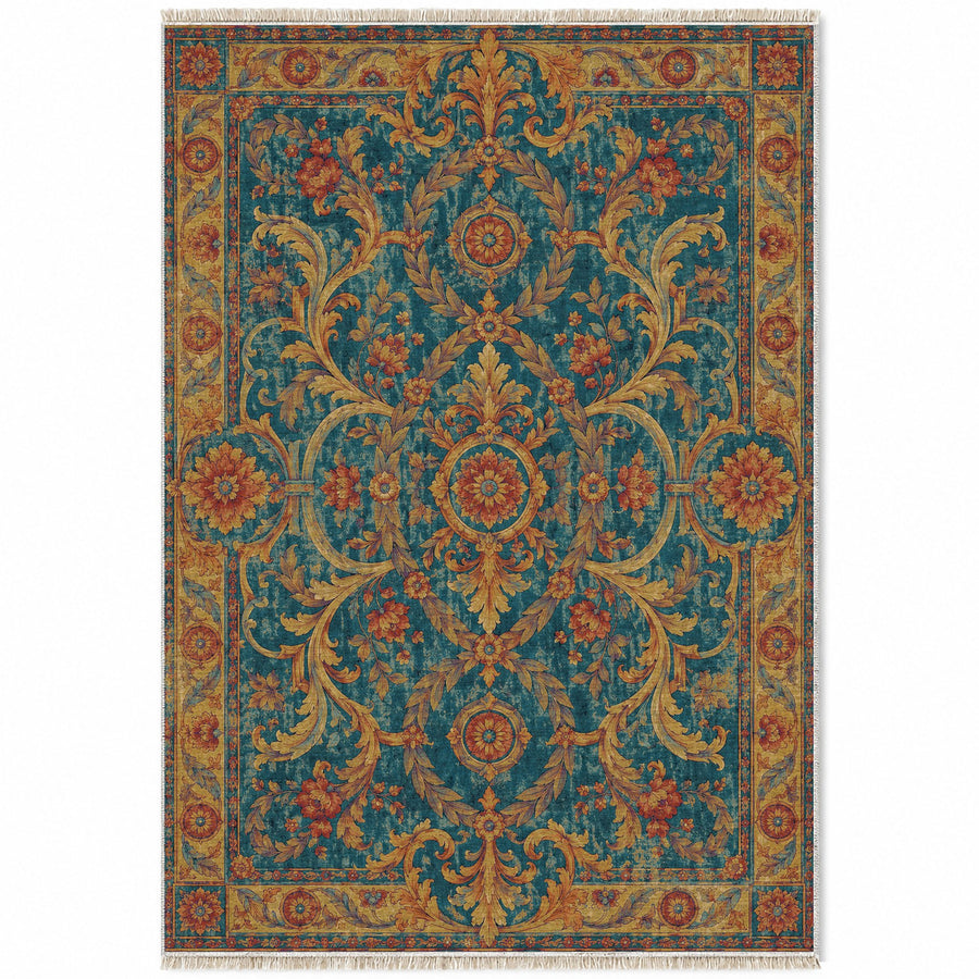 Laurel Balcony Peacock & Ochre Baroque Washable Rug