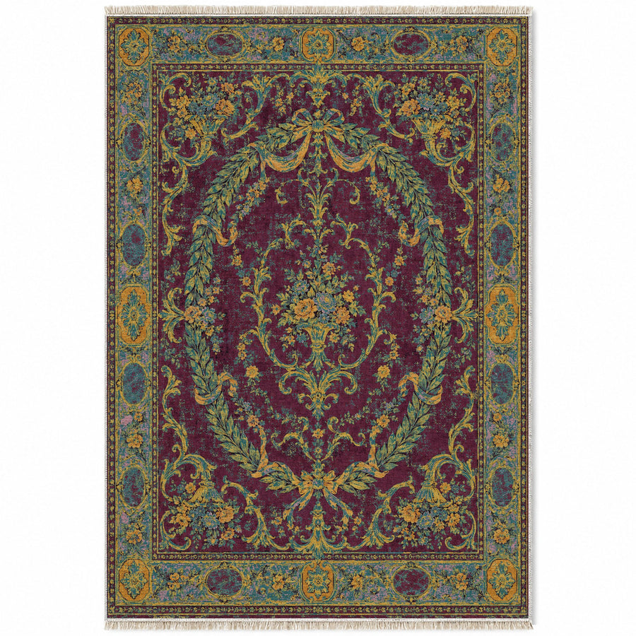 Laurel Oval Burgundy & Teal French Aubusson Washable Rug