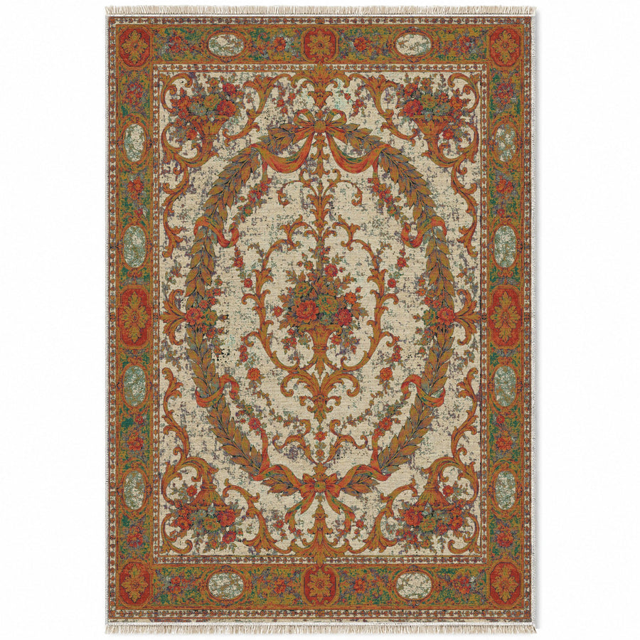 Laurel Oval Emerald & Terracotta French Aubusson Washable Rug
