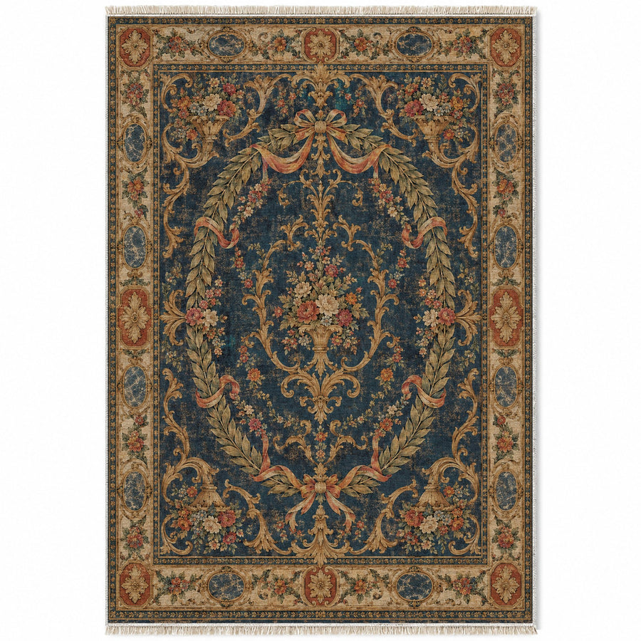 Laurel Oval Indigo & Rust French Aubusson Washable Rug