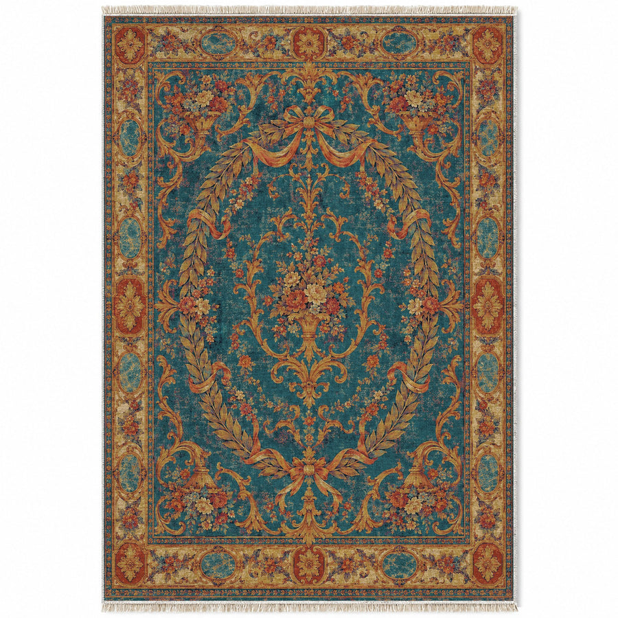 Laurel Oval Peacock & Ochre French Aubusson Washable Rug