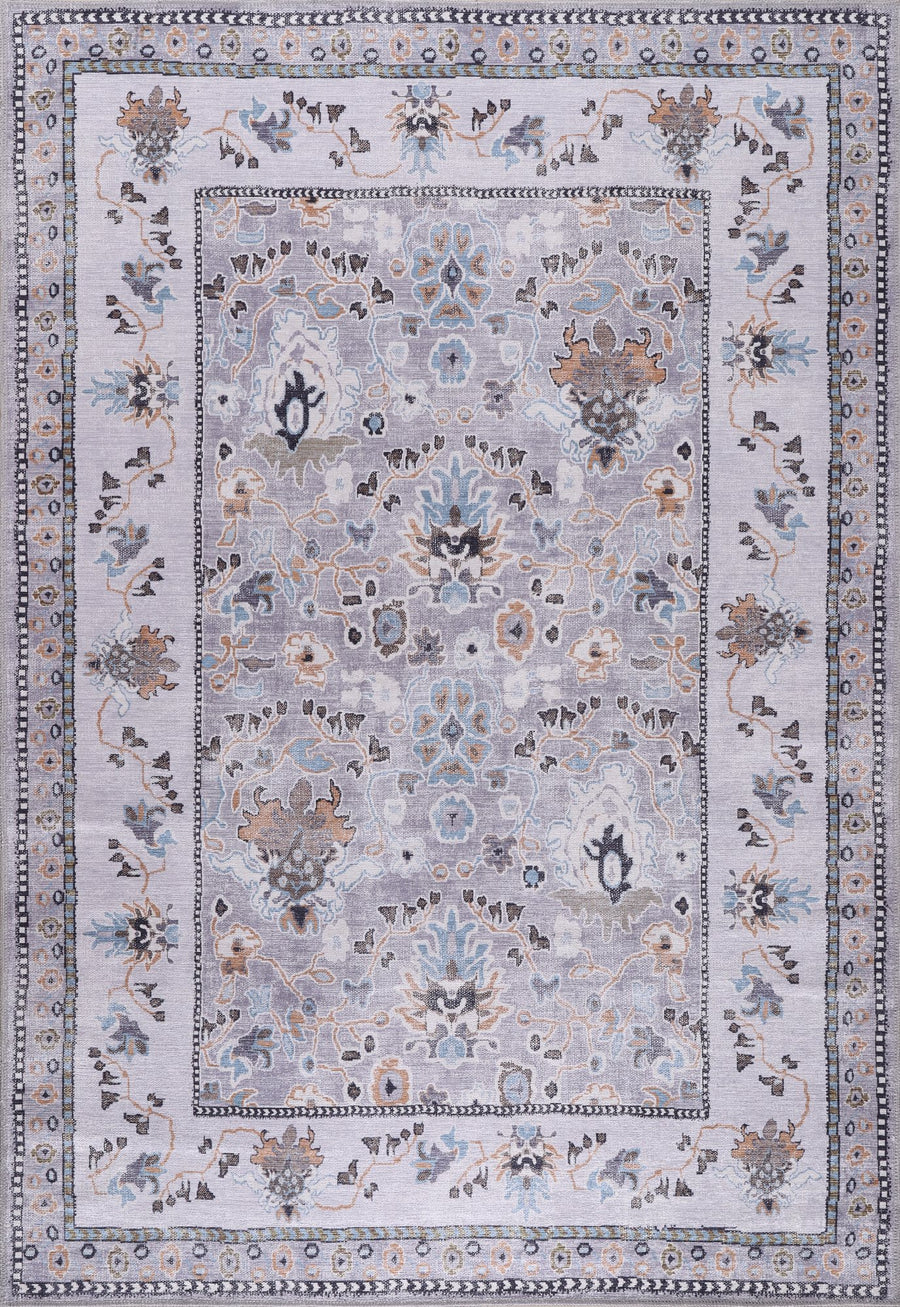 Light Grey & Blue Floral Vase Washable Rug | LD0015