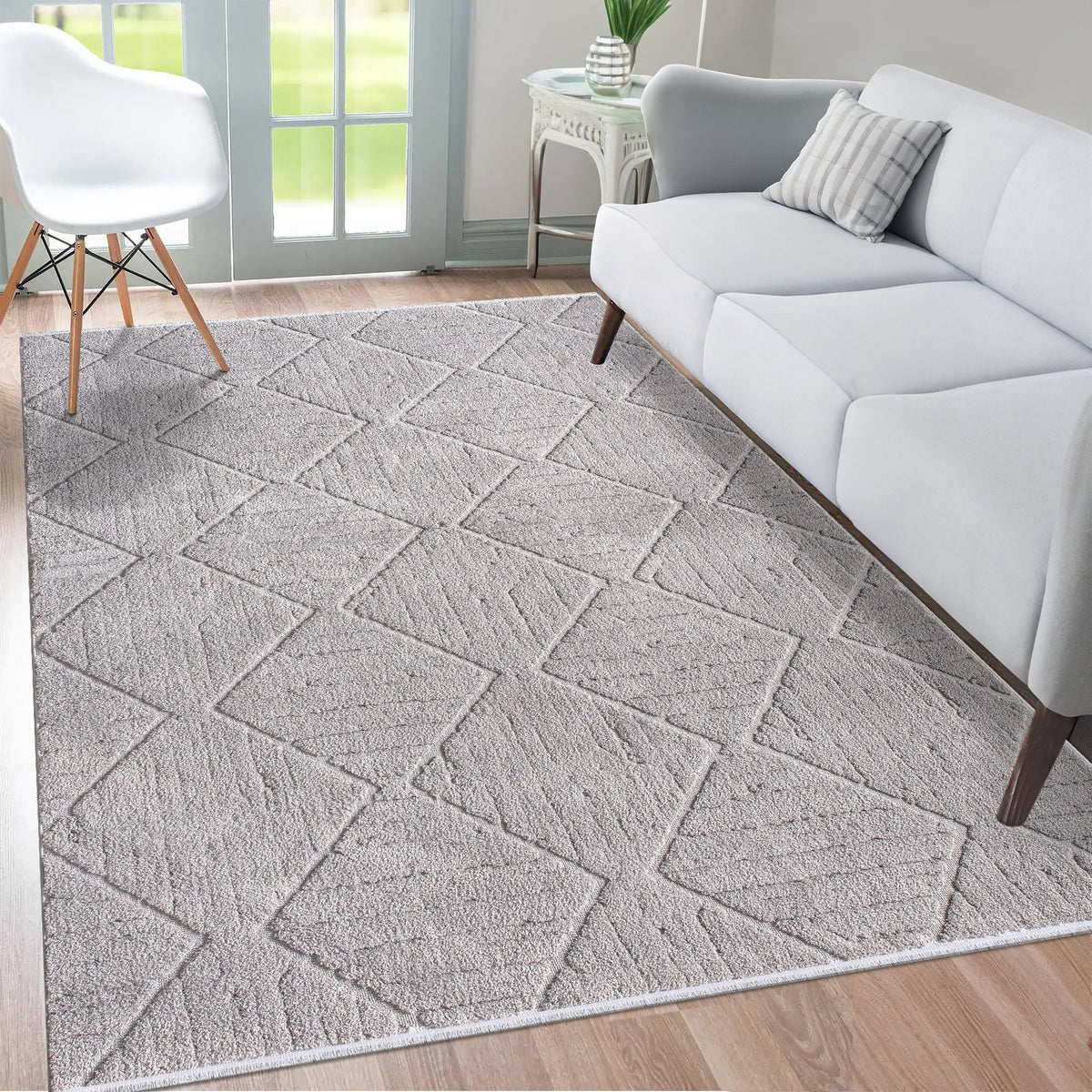 Light Grey Diamond Relief Area Rug in a living room