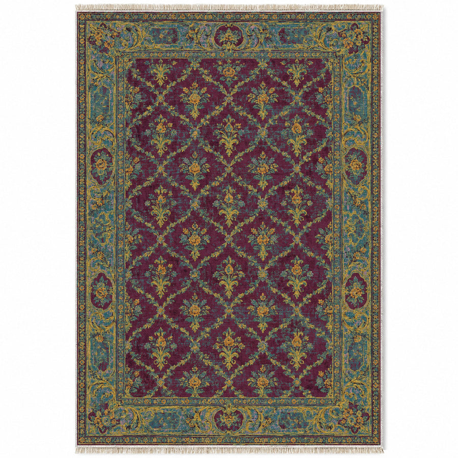 Lily Brocade Burgundy & Teal French Aubusson Washable Rug