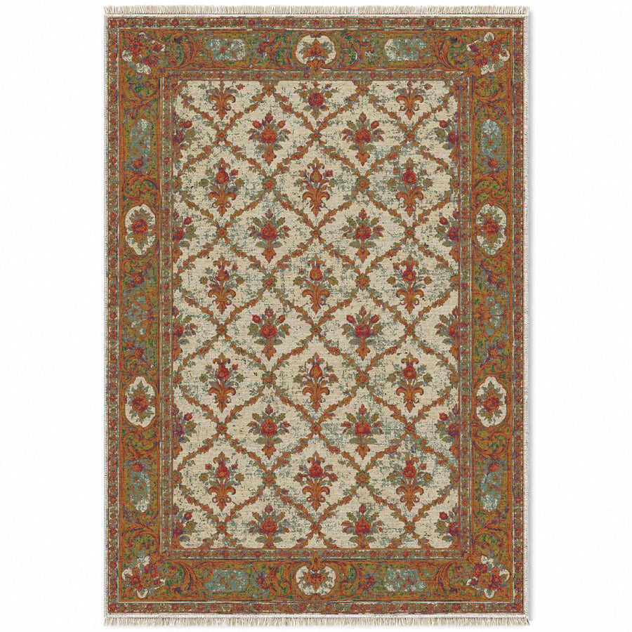 Lily Brocade Emerald & Terracotta French Aubusson Washable Rug