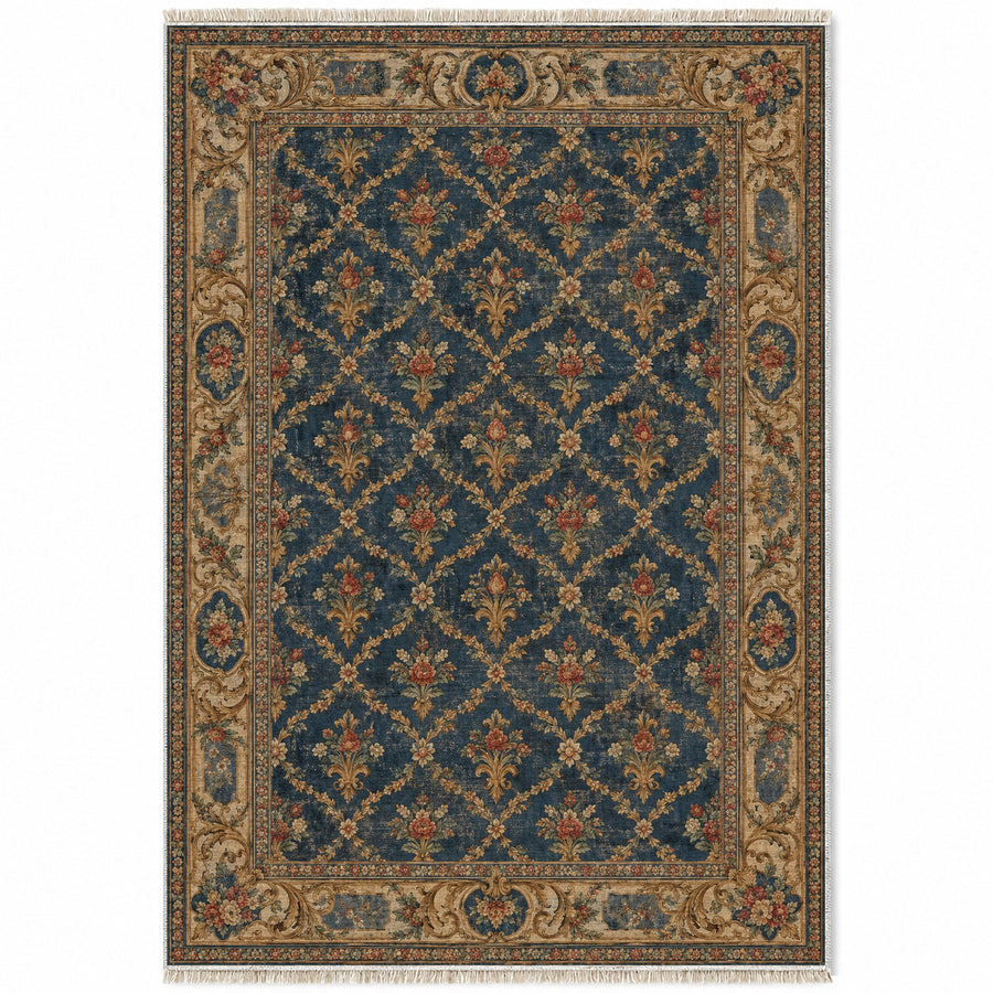 Lily Brocade Indigo & Rust French Aubusson Washable Rug