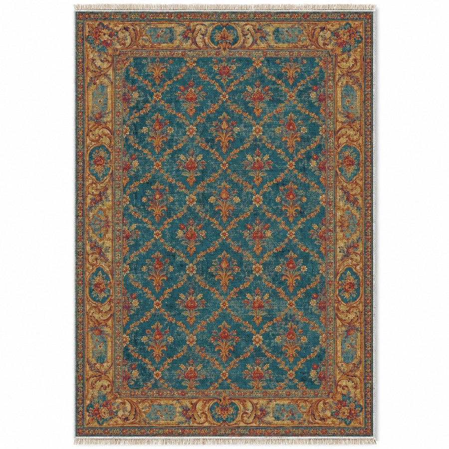 Lily Brocade Peacock & Ochre French Aubusson Washable Rug
