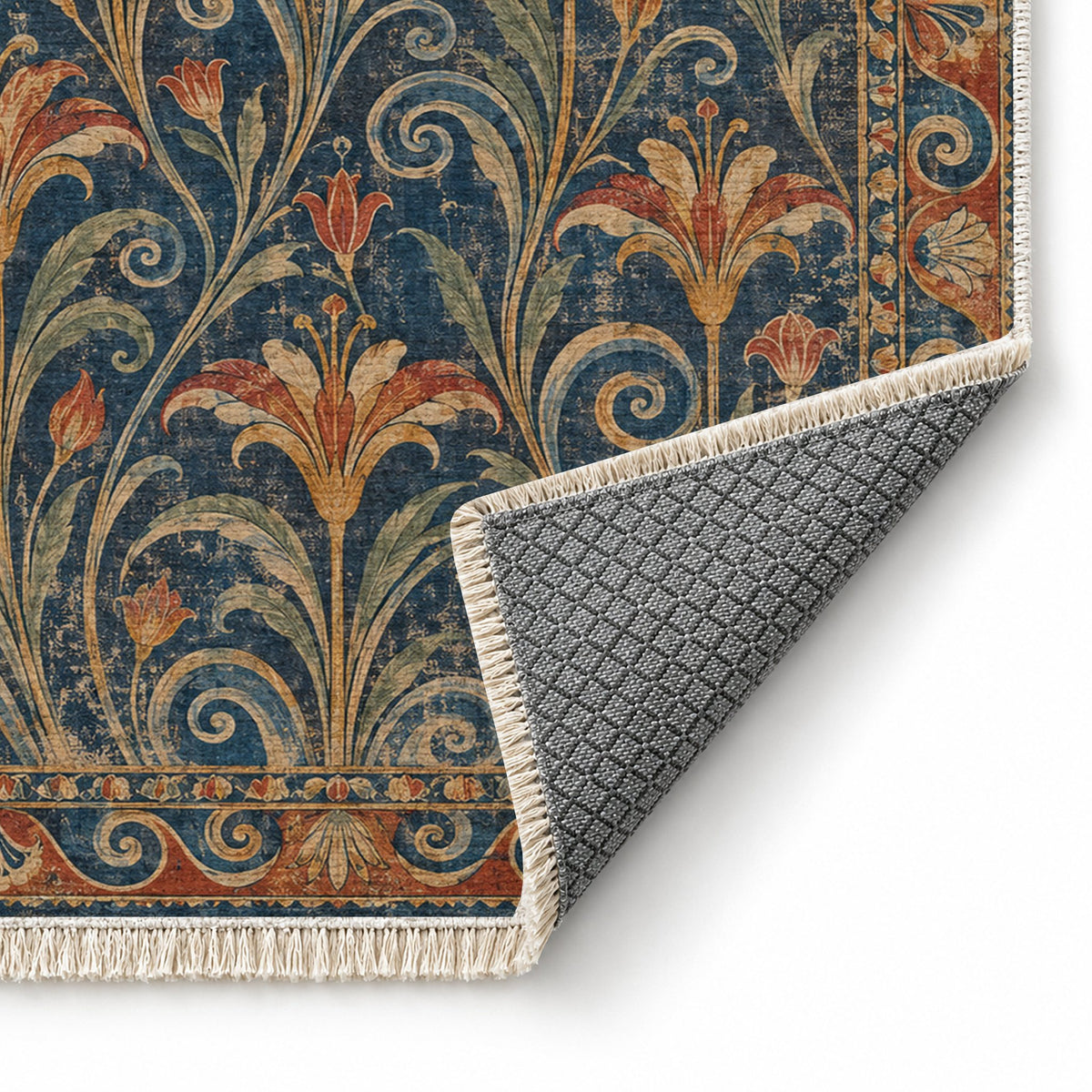 Lily Fresco Indigo & Rust washable rug folded corner showing the backing