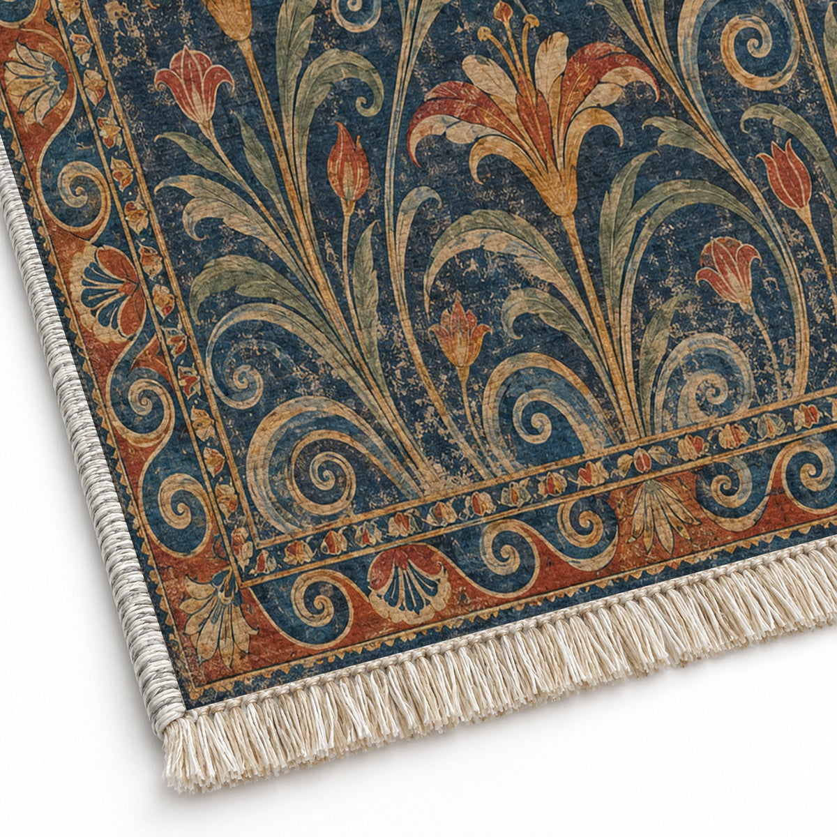 Lily Fresco Indigo & Rust washable rug close-up of the printed chenille