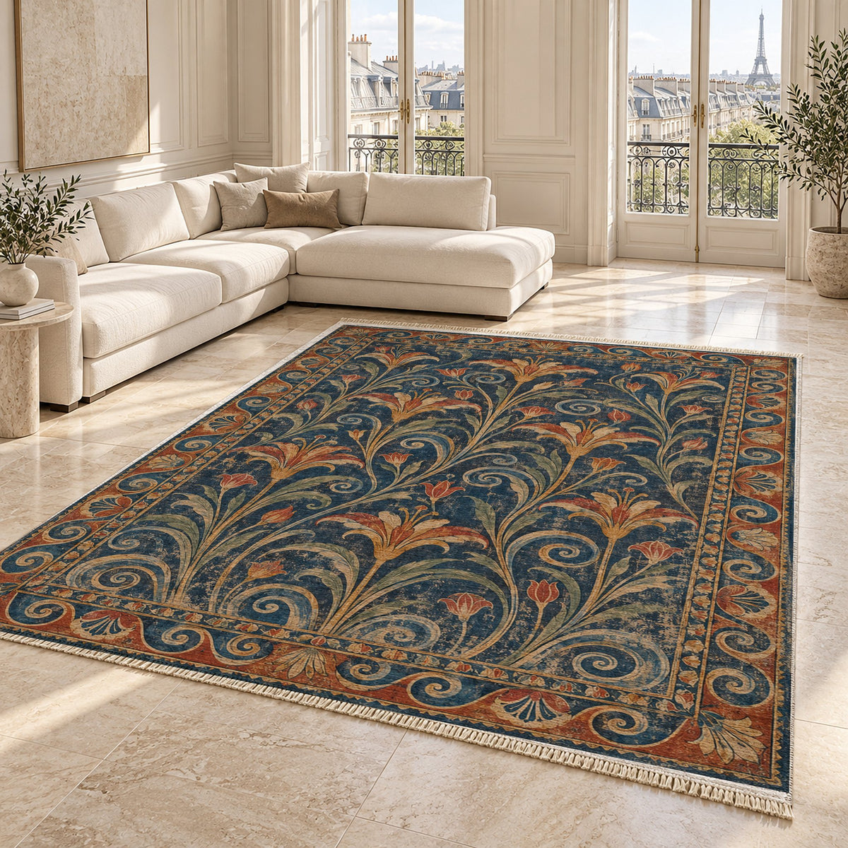 Lily Fresco Indigo & Rust washable rug angled room view on marble