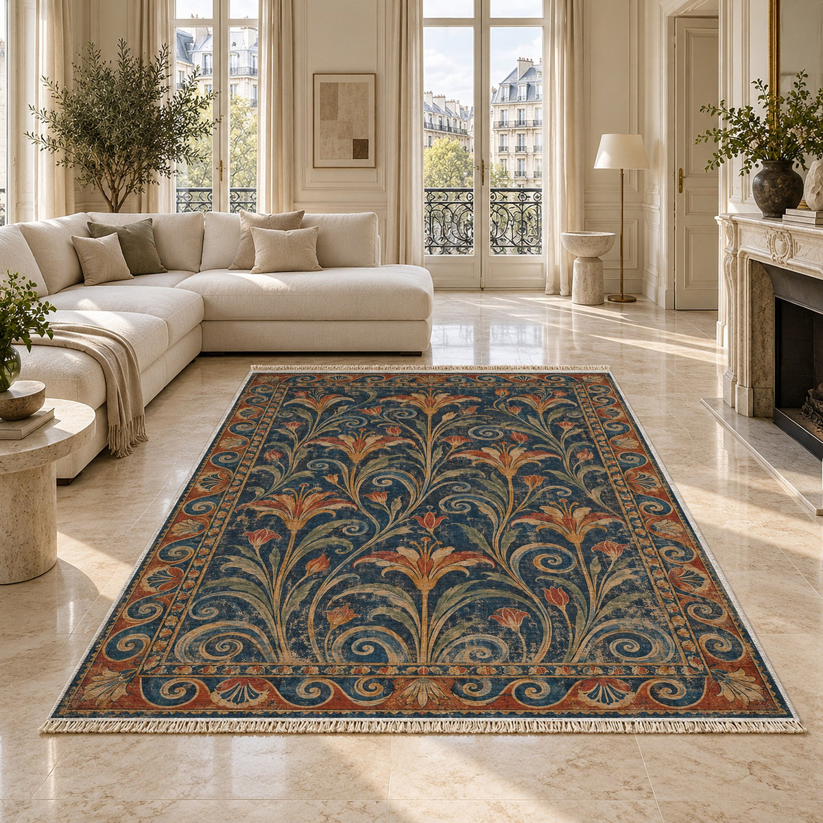 Lily Fresco Indigo & Rust washable rug on a marble floor