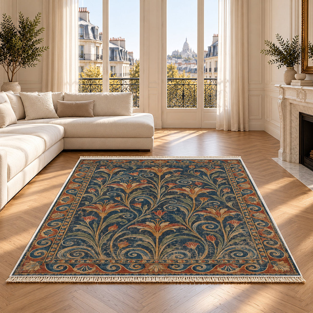Lily Fresco Indigo & Rust washable rug on an oak floor