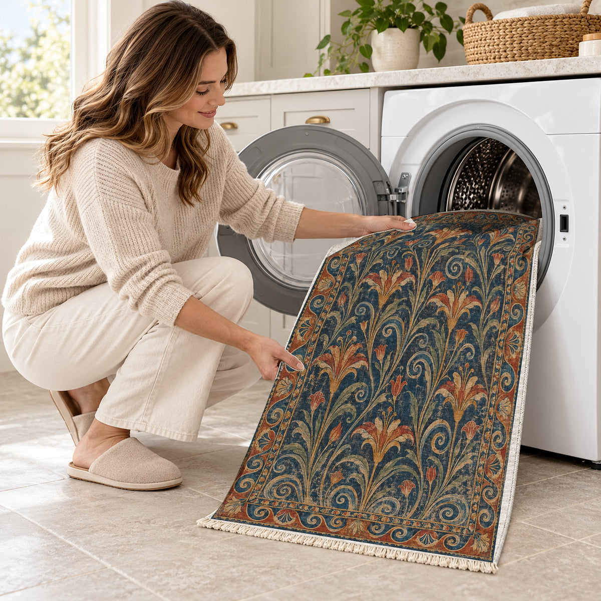 Lily Fresco Indigo & Rust washable rug being loaded into a washing machine