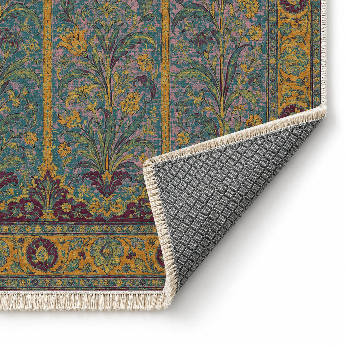 Lily Niches Burgundy & Teal washable rug folded corner showing the backing