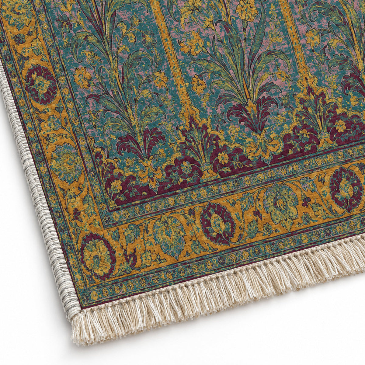 Lily Niches Burgundy & Teal washable rug close-up of the printed chenille