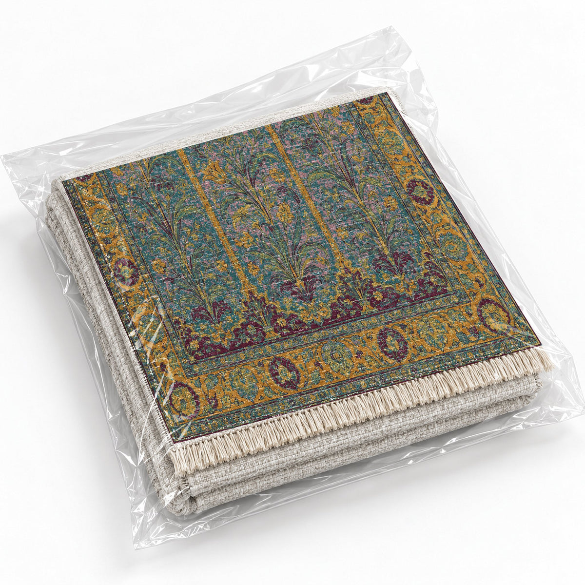 Lily Niches Burgundy & Teal washable rug rolled and packaged