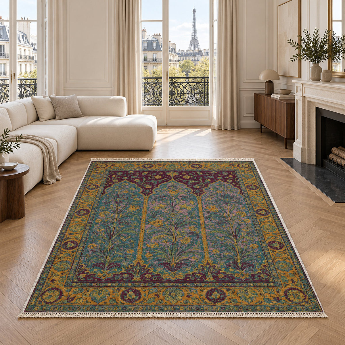 Lily Niches Burgundy & Teal washable rug in a living room with an Eiffel Tower view