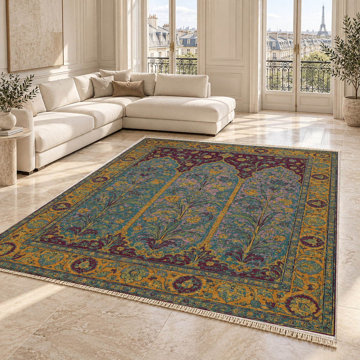 Lily Niches Burgundy & Teal washable rug angled room view on marble