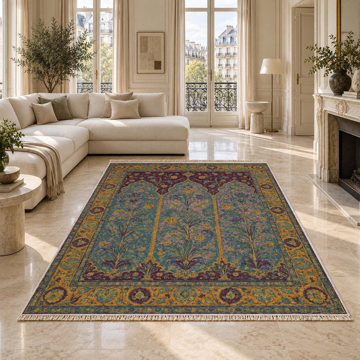 Lily Niches Burgundy & Teal washable rug on a marble floor