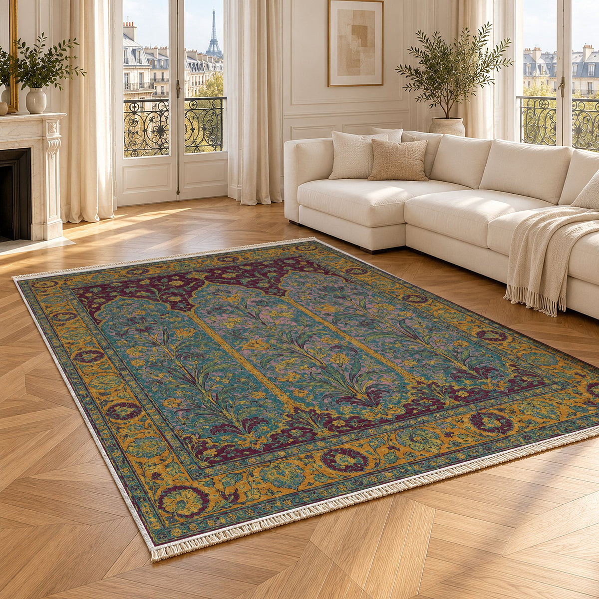 Lily Niches Burgundy & Teal washable rug angled room view
