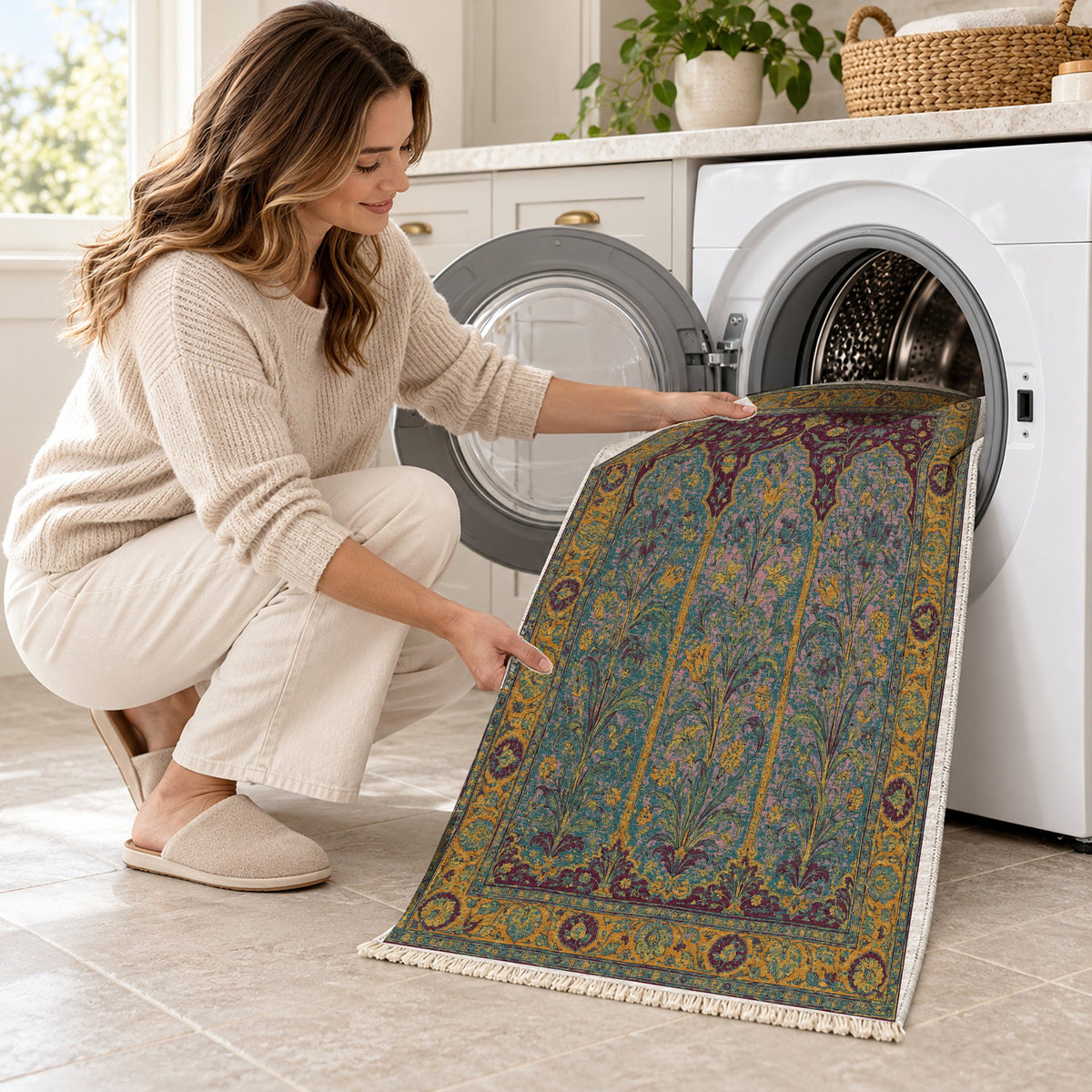Lily Niches Burgundy & Teal washable rug being loaded into a washing machine