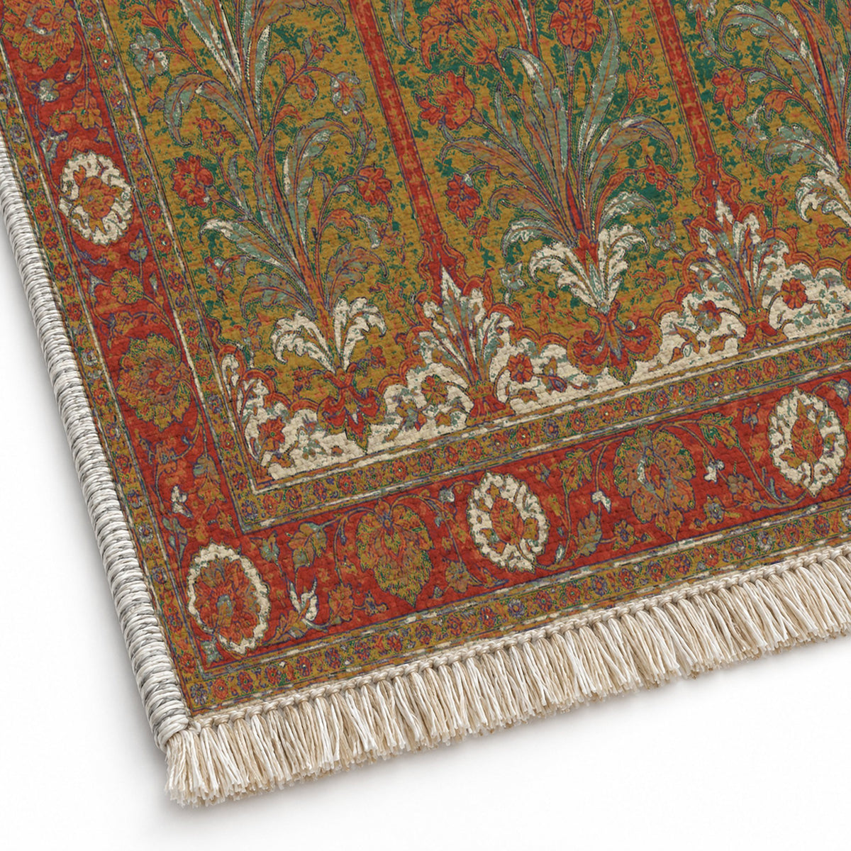 Lily Niches Emerald & Terracotta washable rug close-up of the printed chenille