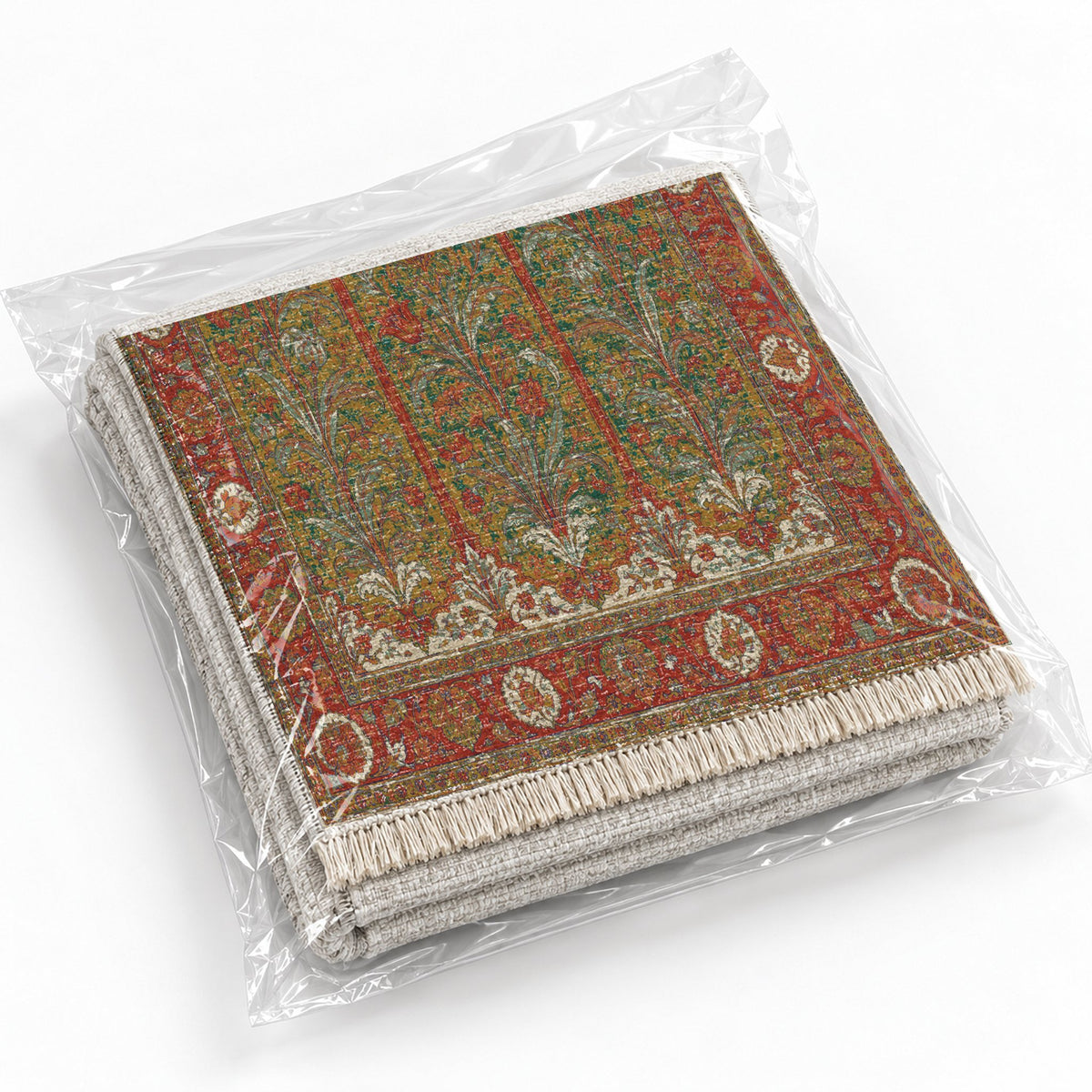 Lily Niches Emerald & Terracotta washable rug rolled and packaged