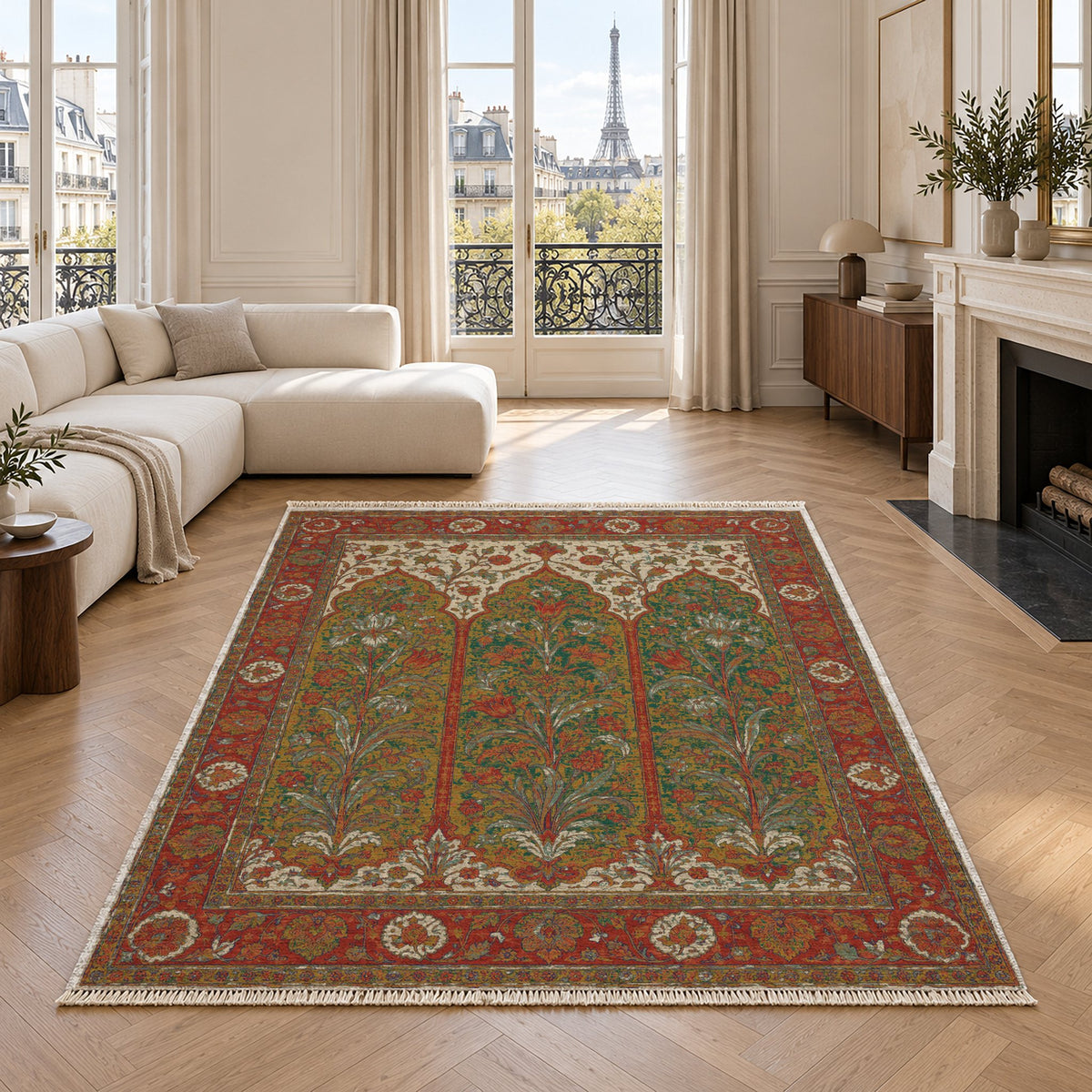 Lily Niches Emerald & Terracotta washable rug in a living room with an Eiffel Tower view