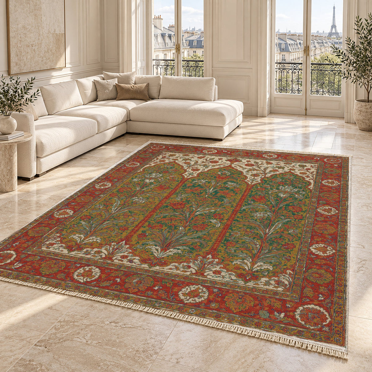 Lily Niches Emerald & Terracotta washable rug angled room view on marble