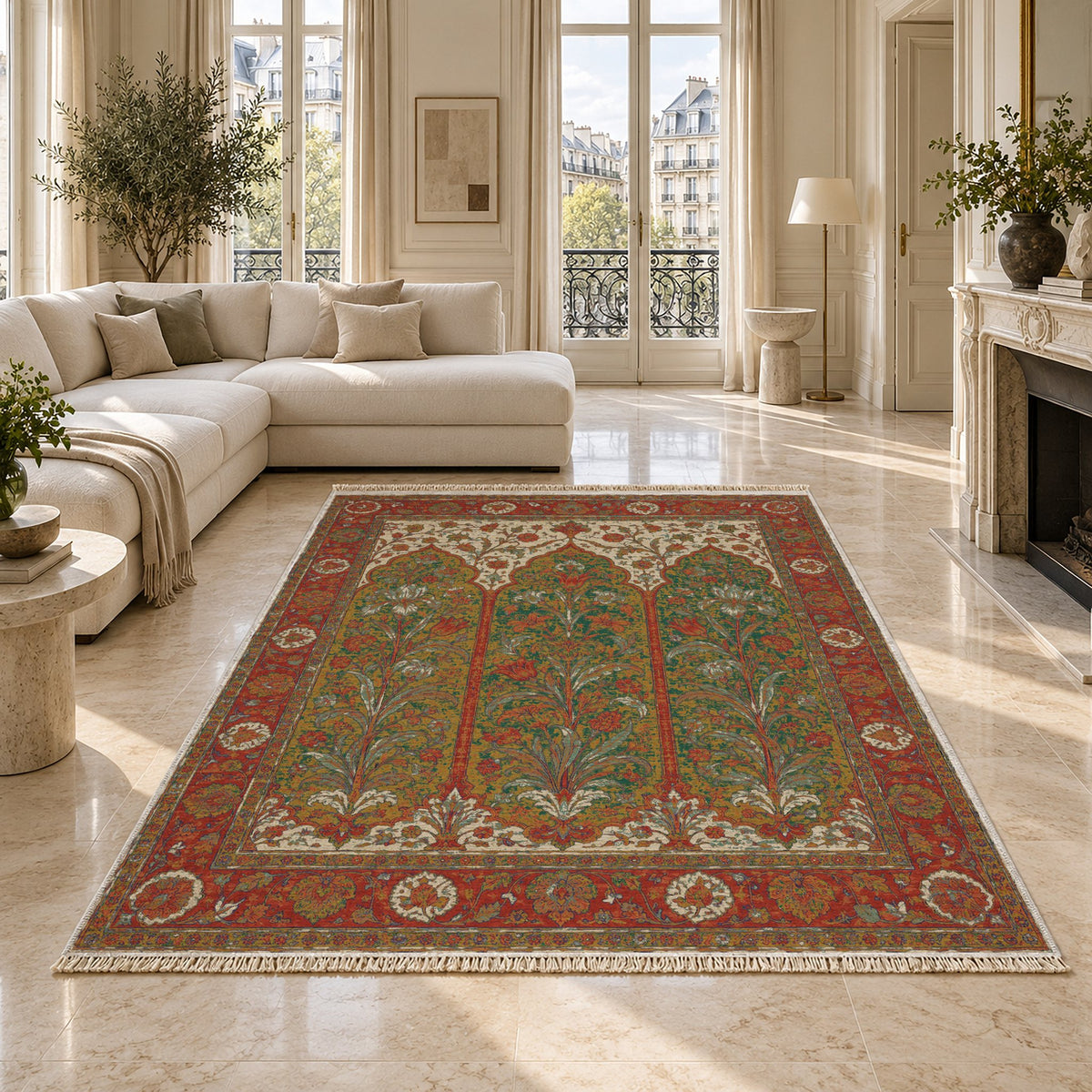 Lily Niches Emerald & Terracotta washable rug on a marble floor