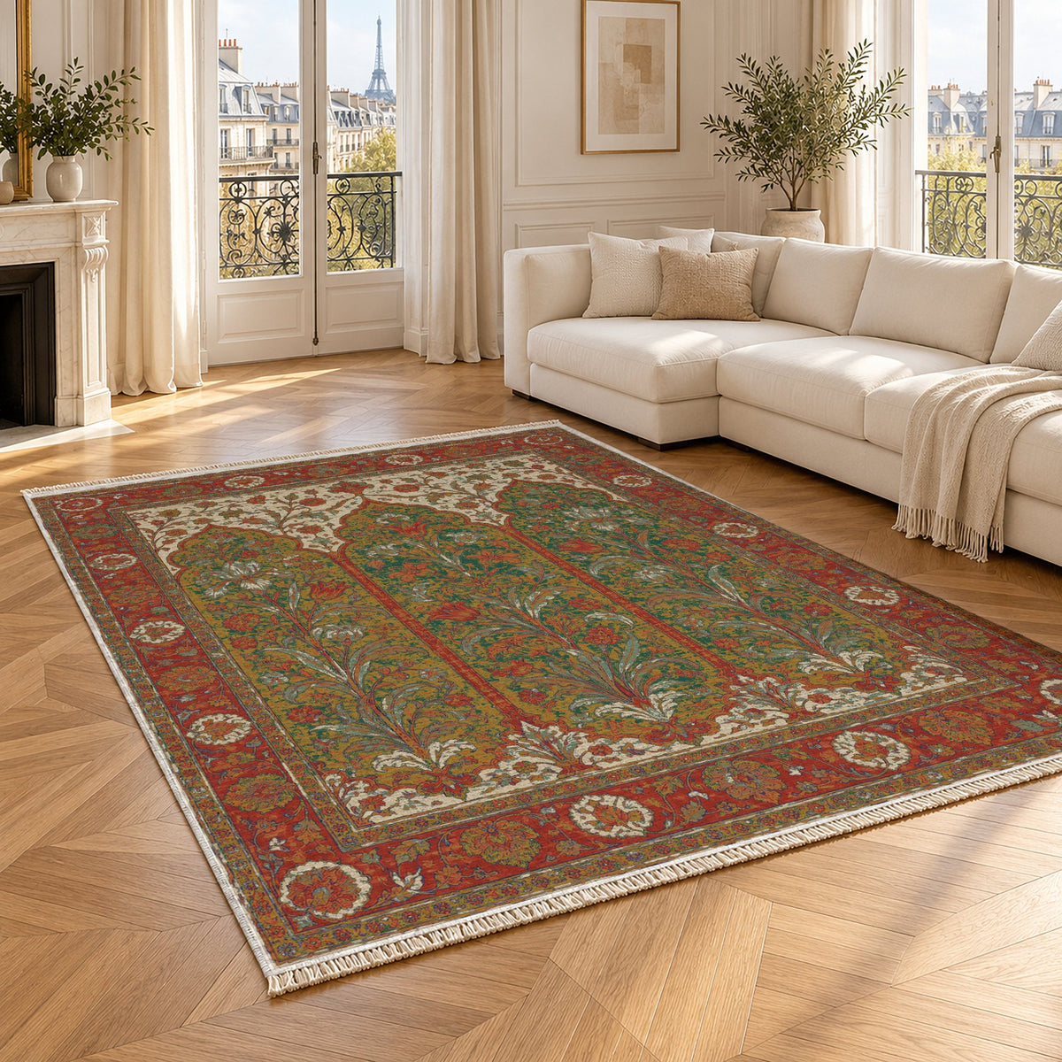 Lily Niches Emerald & Terracotta washable rug angled room view