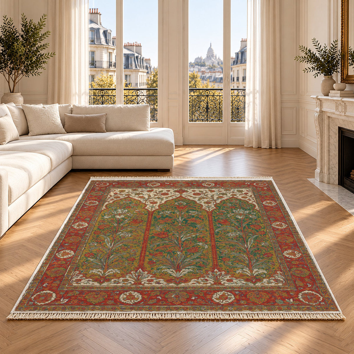 Lily Niches Emerald & Terracotta washable rug on an oak floor