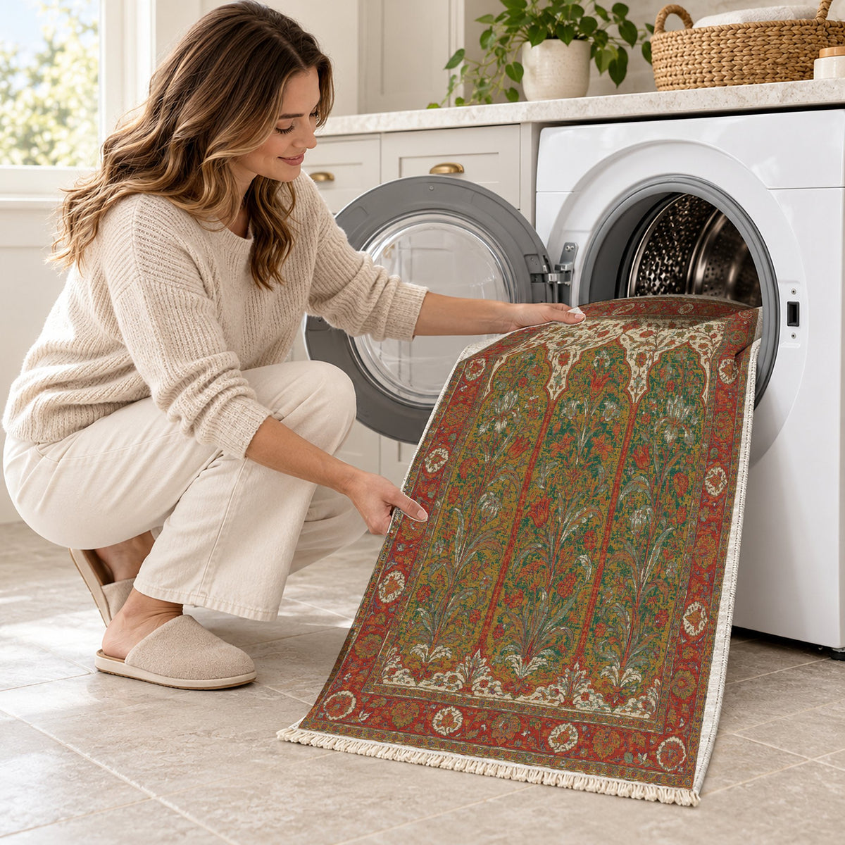 Lily Niches Emerald & Terracotta washable rug being loaded into a washing machine