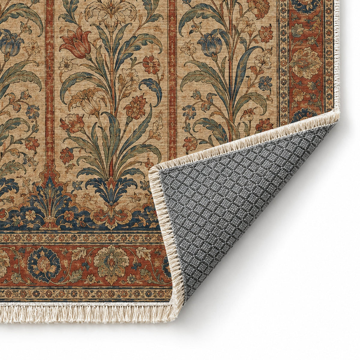 Lily Niches Indigo & Rust washable rug folded corner showing the backing