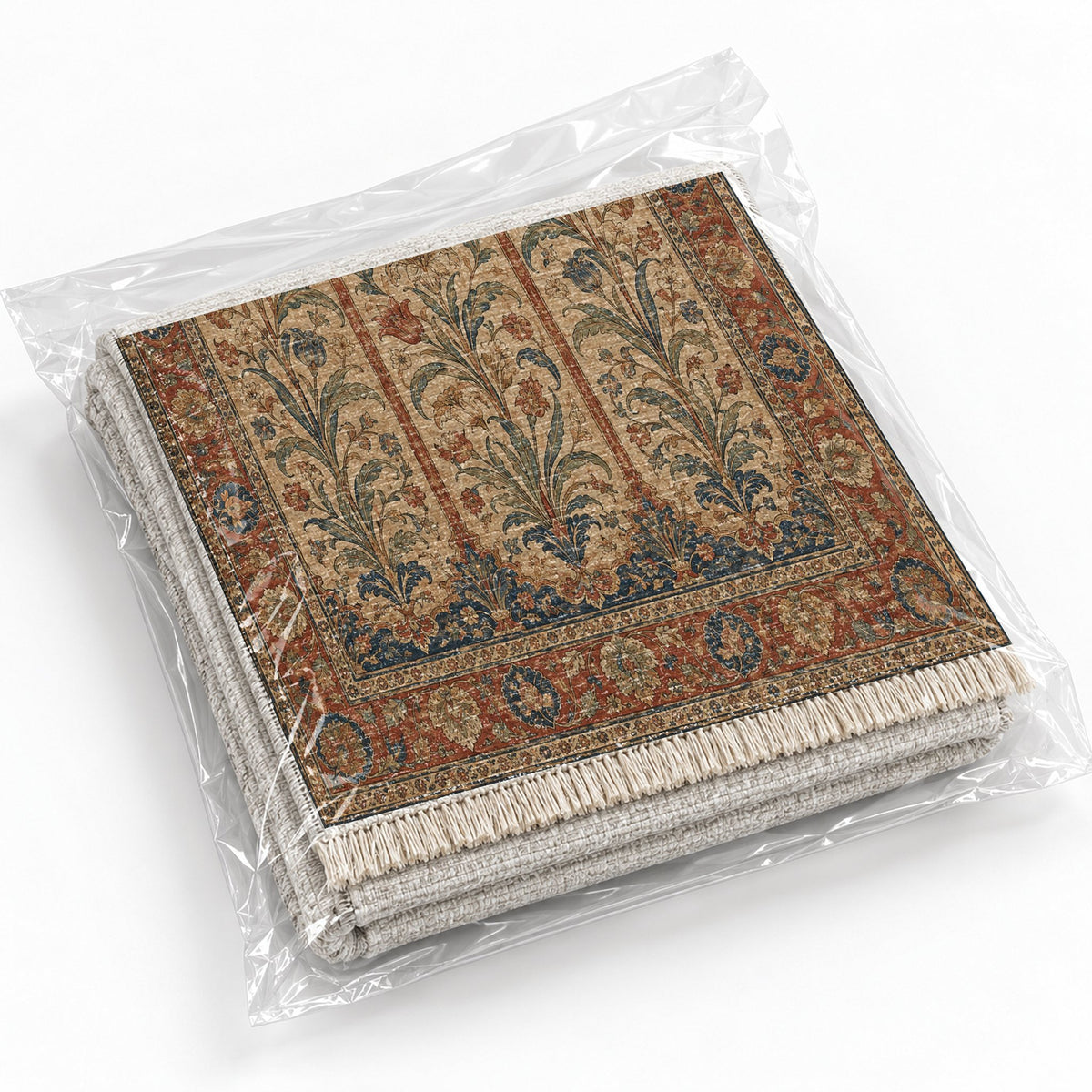 Lily Niches Indigo & Rust washable rug rolled and packaged