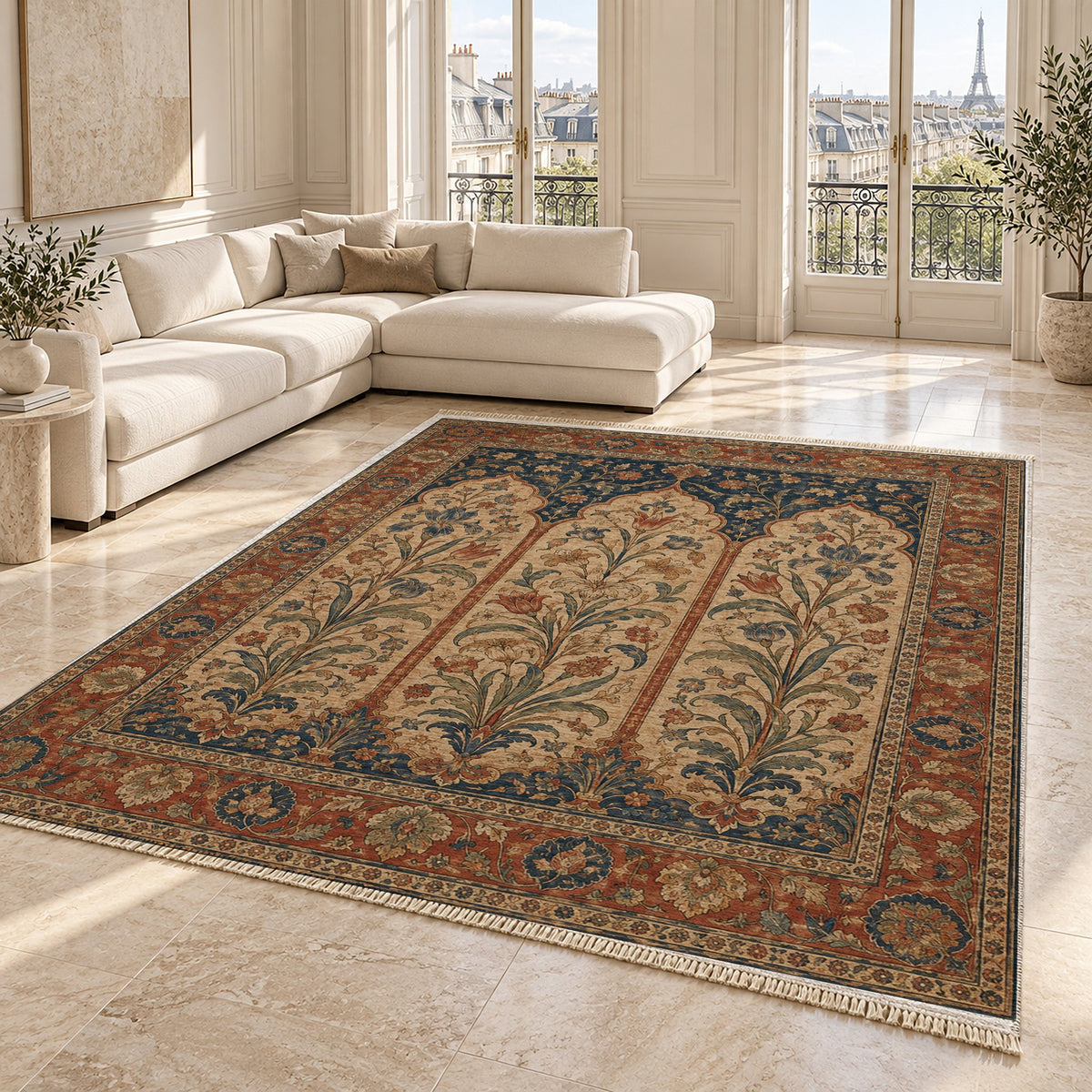 Lily Niches Indigo & Rust washable rug angled room view on marble