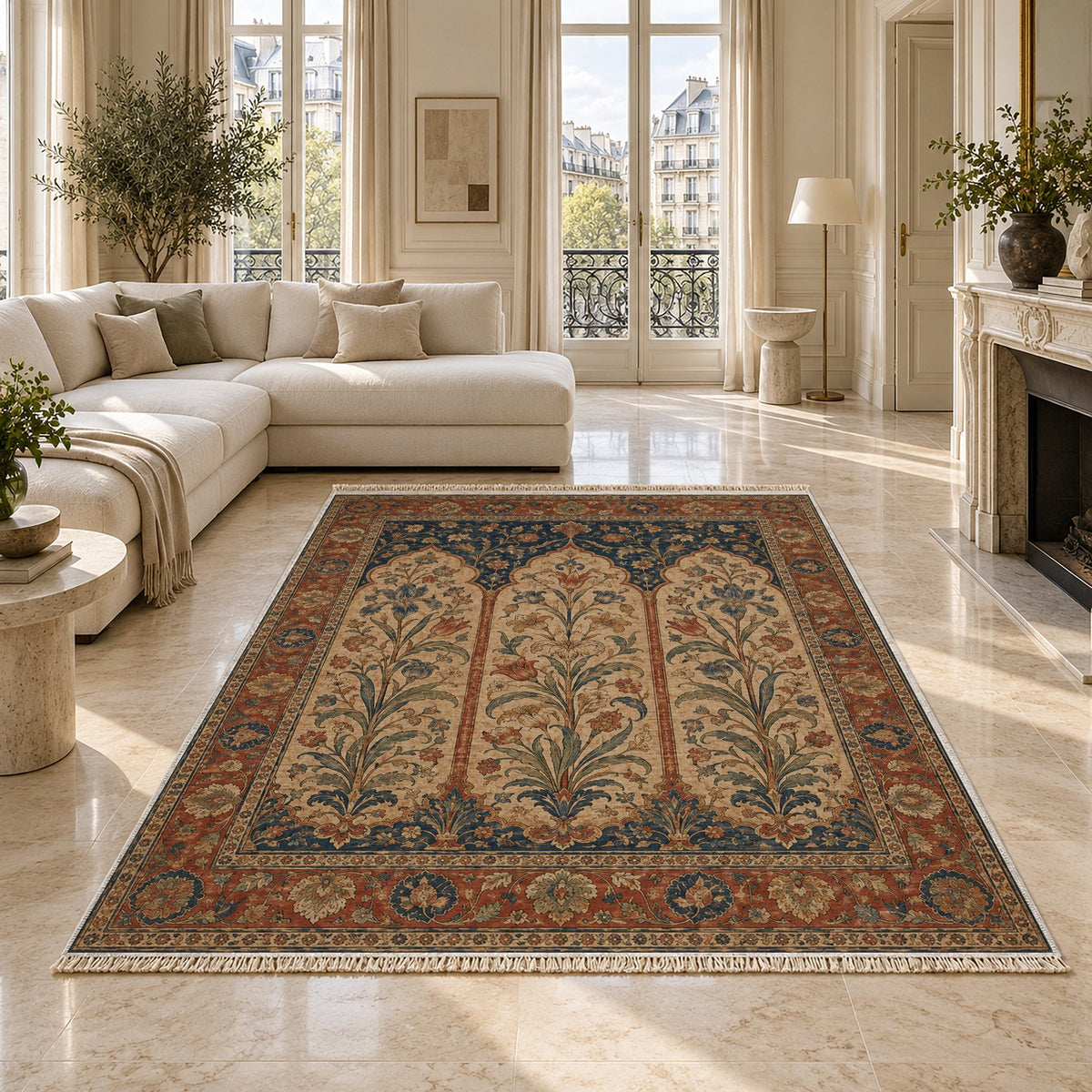 Lily Niches Indigo & Rust washable rug on a marble floor