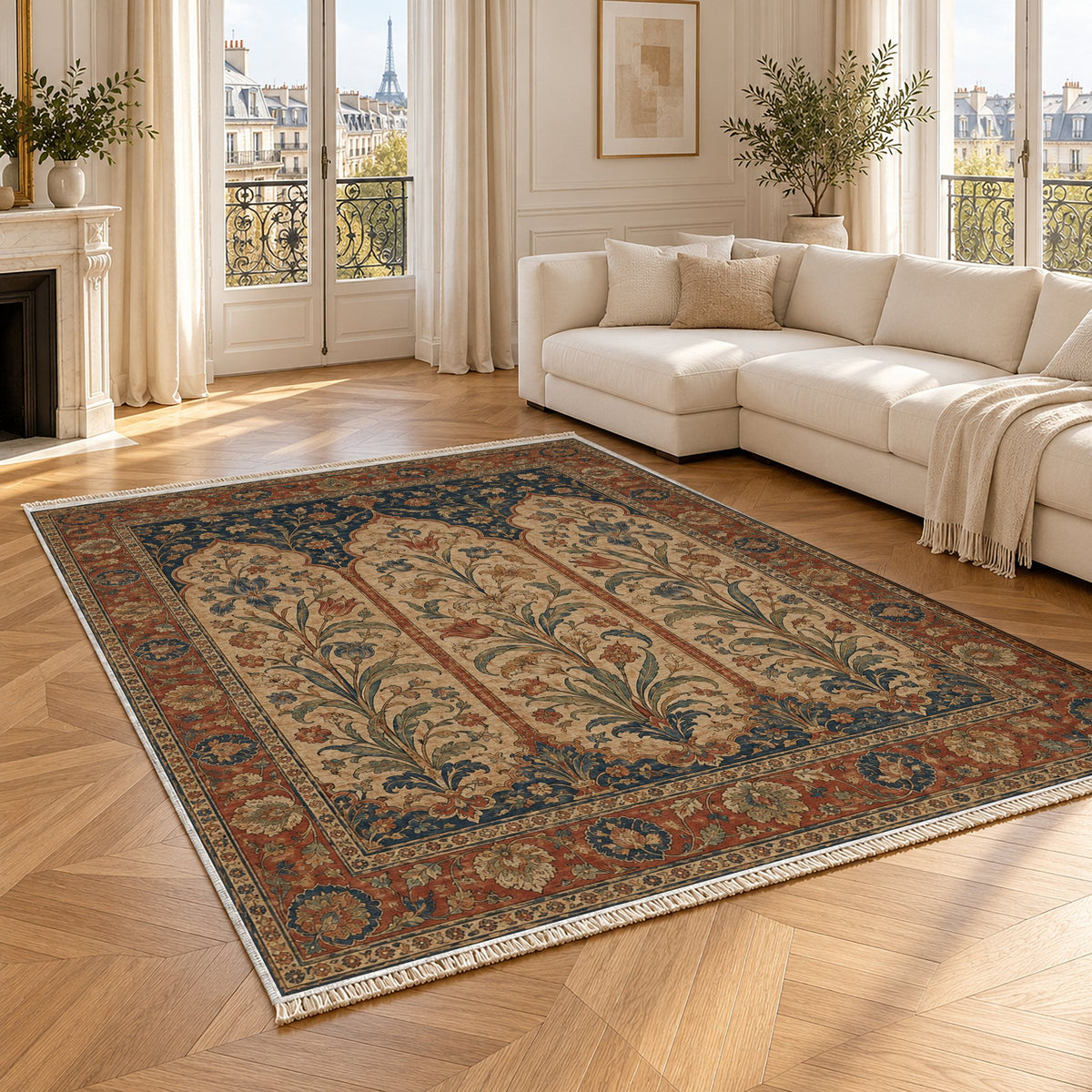 Lily Niches Indigo & Rust washable rug angled room view