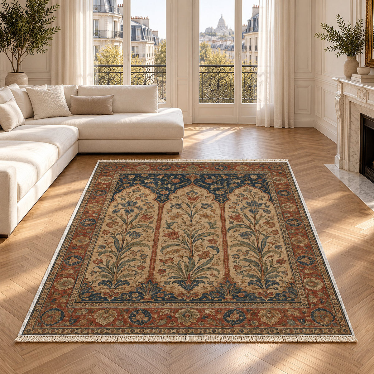 Lily Niches Indigo & Rust washable rug in a Paris living room