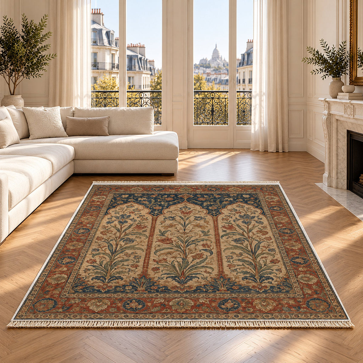 Lily Niches Indigo & Rust washable rug on an oak floor